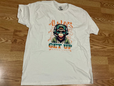 White t-shirt with a graphic of a monkey wearing headphones and text on a wooden surface