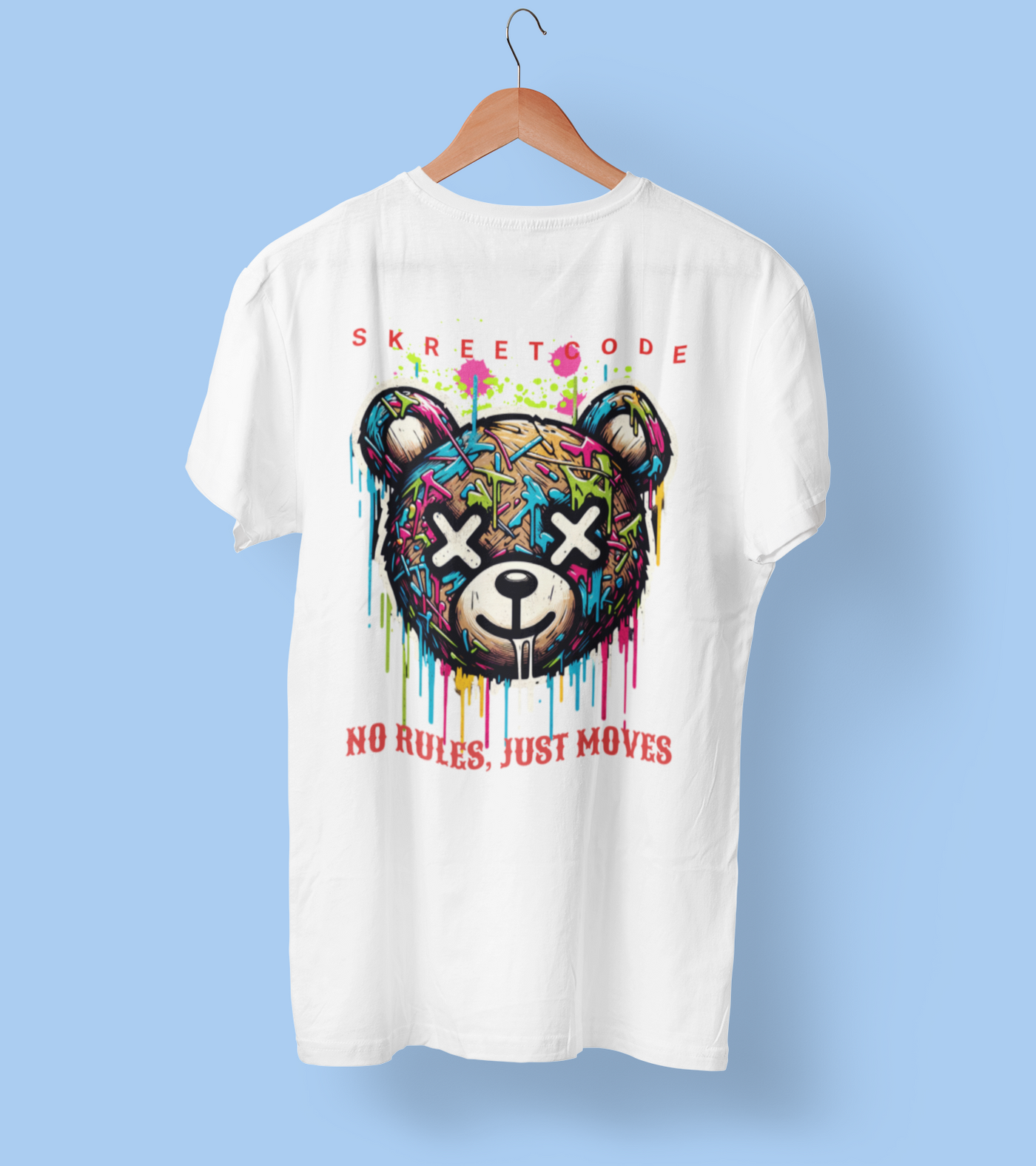 White t-shirt with colorful graphic design and text on a blue background