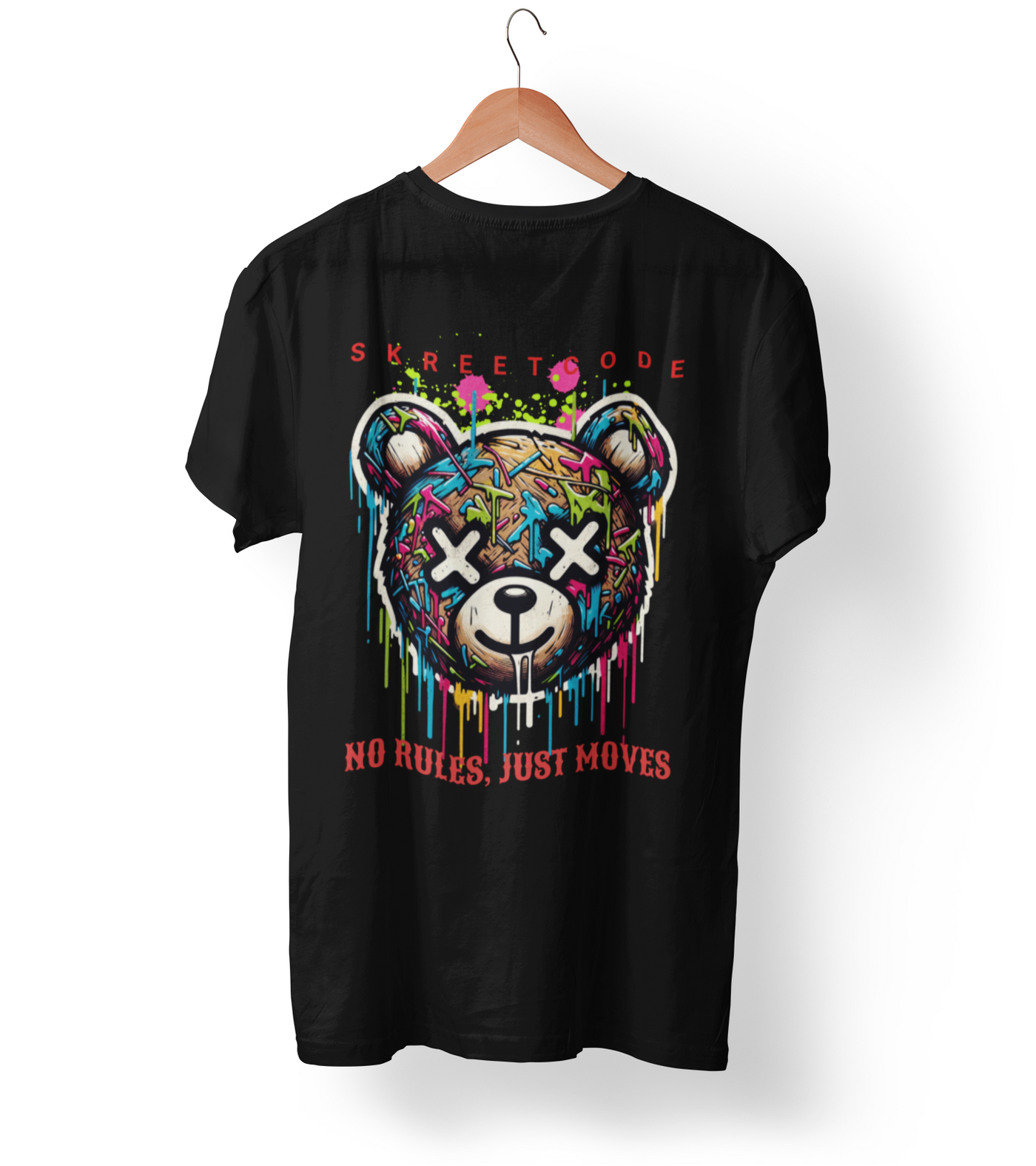 Black t-shirt with colorful bear graphic and text on a white background