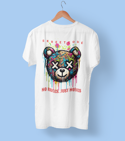 White t-shirt with colorful graphic design and text on a blue background